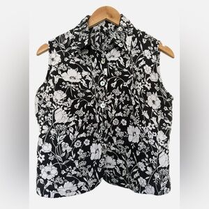 Vintage Linen Floral Sleeveless Blouse Black White Cottagecore Boho Vest Top 8